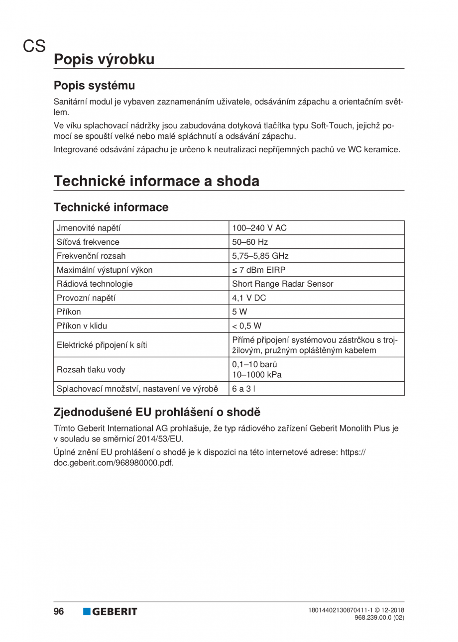 Pagina 92-Manualul utilizatorului pentru modulul sanitar Monolith Plus GEBERIT Instructiuni montaj, utilizare ...