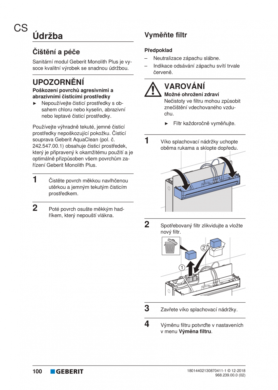 Pagina 96-Manualul utilizatorului pentru modulul sanitar Monolith Plus GEBERIT Instructiuni montaj, utilizare ...