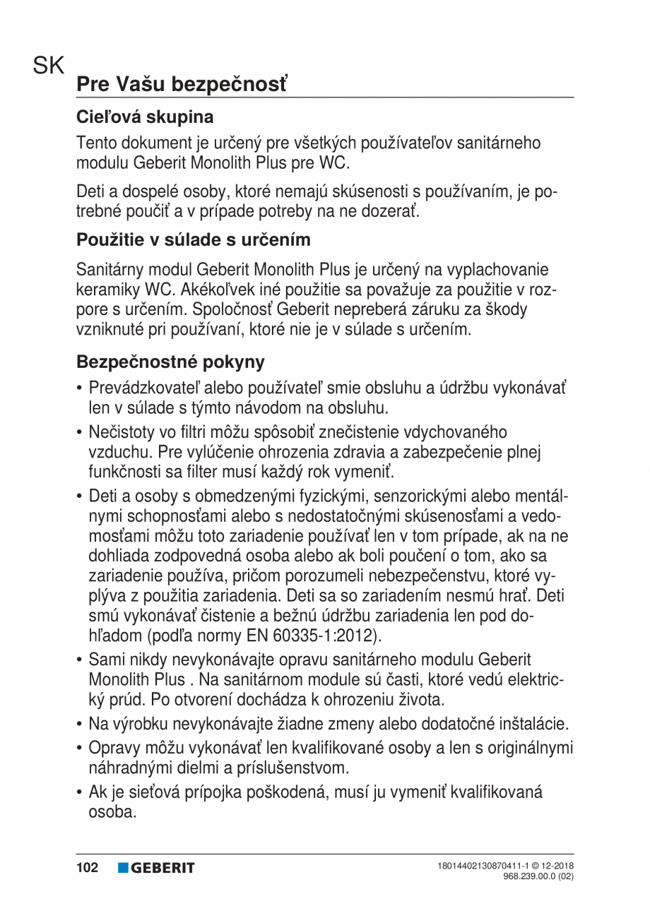 Pagina 98-Manualul utilizatorului pentru modulul sanitar Monolith Plus GEBERIT Instructiuni montaj, utilizare ...