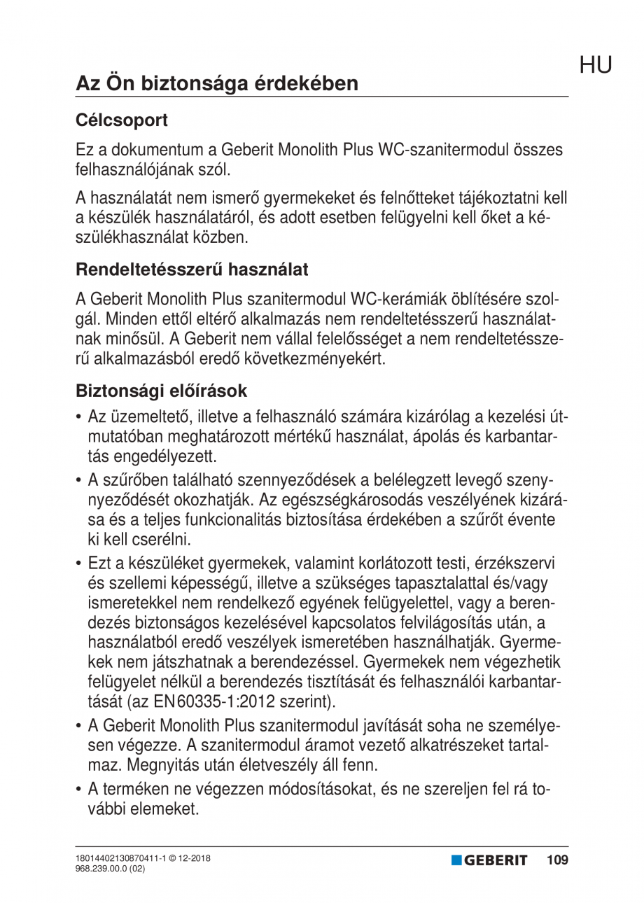 Pagina 108-Manualul utilizatorului pentru modulul sanitar Monolith Plus GEBERIT Instructiuni montaj, utilizare ...