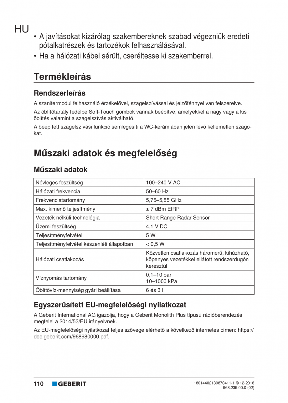 Pagina 110-Manualul utilizatorului pentru modulul sanitar Monolith Plus GEBERIT Instructiuni montaj, utilizare ...