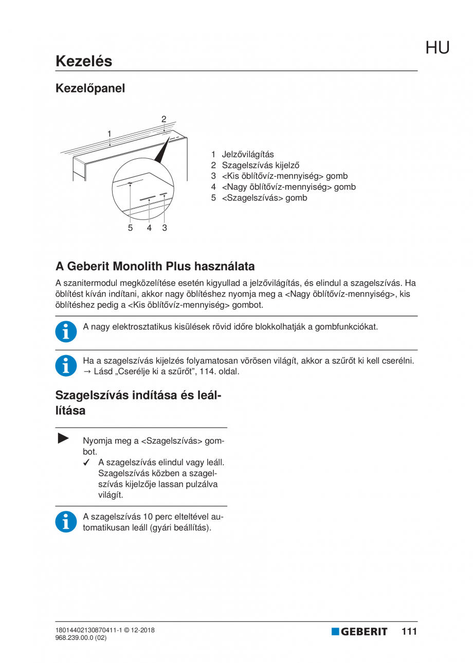 Pagina 111-Manualul utilizatorului pentru modulul sanitar Monolith Plus GEBERIT Instructiuni montaj, utilizare ...