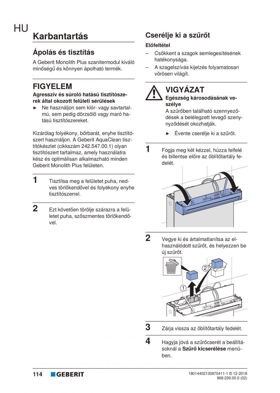 Pagina 114-Manualul utilizatorului pentru modulul sanitar Monolith Plus GEBERIT Instructiuni montaj, utilizare ...