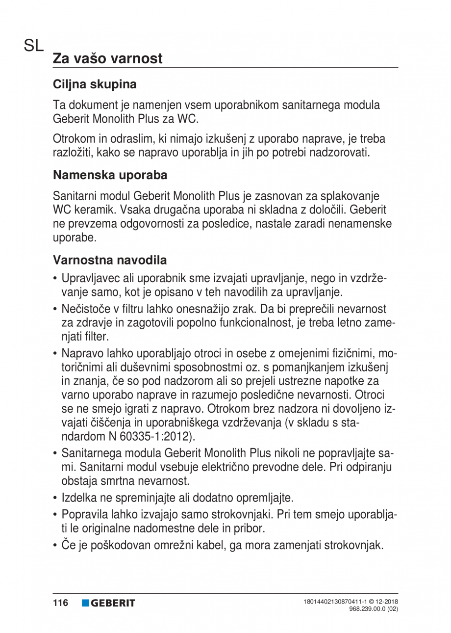 Pagina 116-Manualul utilizatorului pentru modulul sanitar Monolith Plus GEBERIT Instructiuni montaj, utilizare ...
