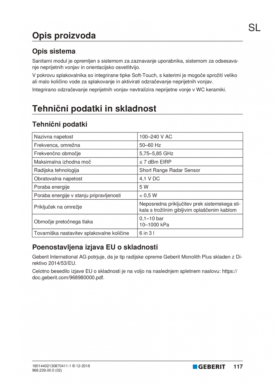 Pagina 117 - Manualul utilizatorului pentru modulul sanitar Monolith Plus GEBERIT Instructiuni...