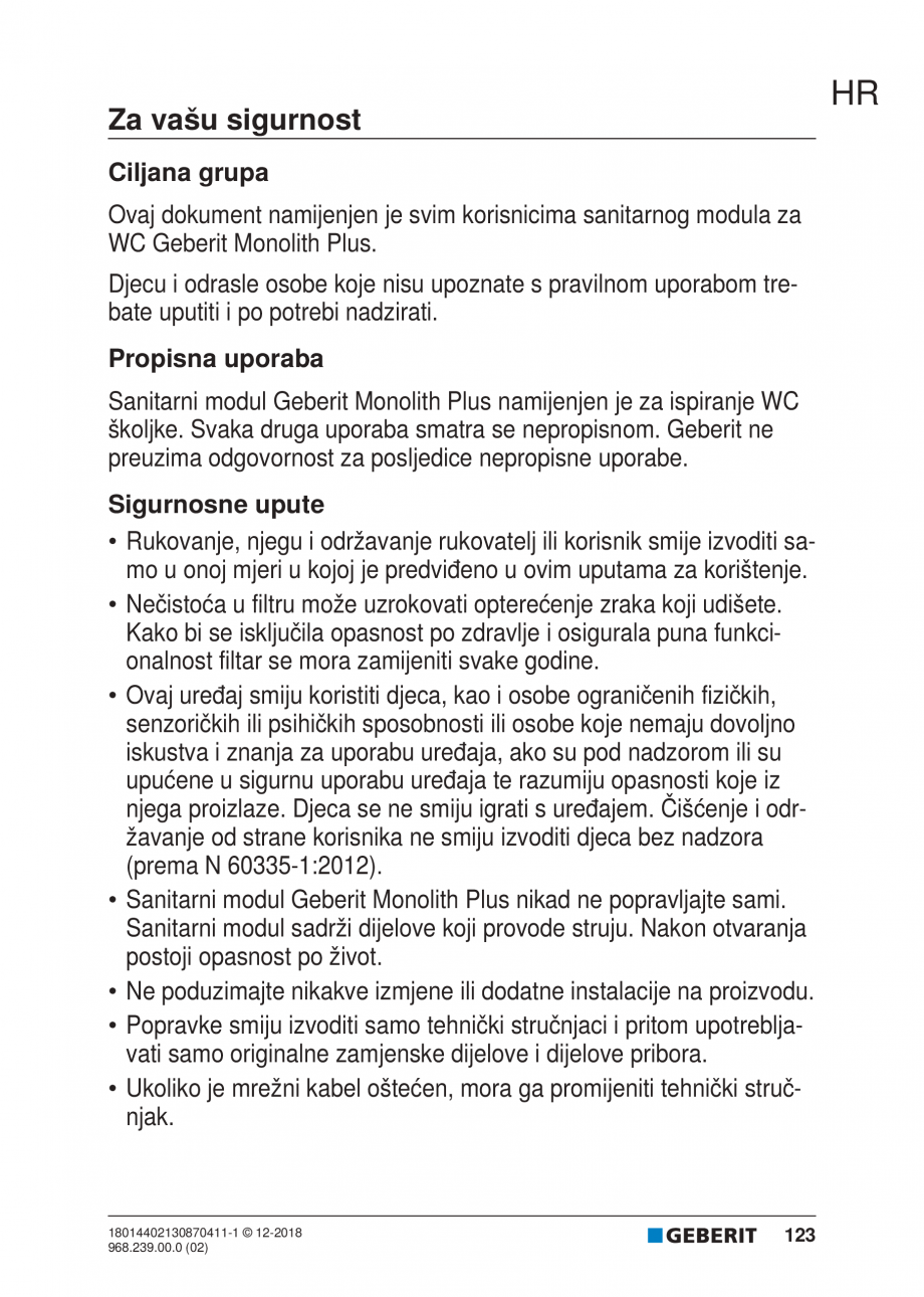 Pagina 123 - Manualul utilizatorului pentru modulul sanitar Monolith Plus GEBERIT Instructiuni...
