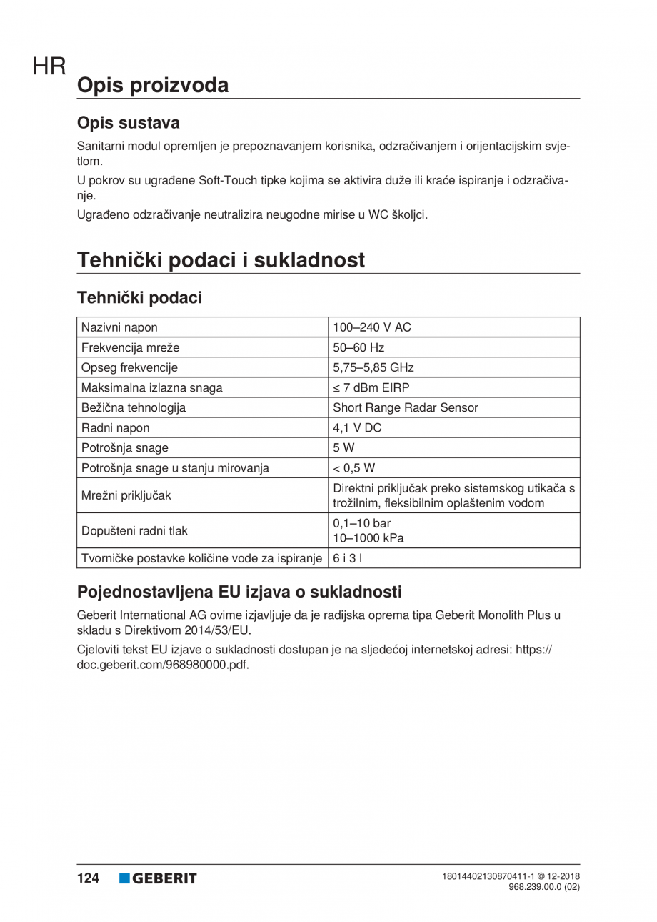 Pagina 124-Manualul utilizatorului pentru modulul sanitar Monolith Plus GEBERIT Instructiuni montaj, utilizare ...