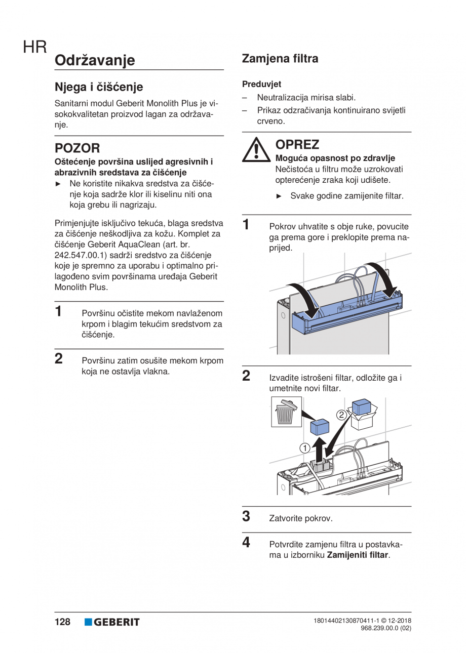 Pagina 128-Manualul utilizatorului pentru modulul sanitar Monolith Plus GEBERIT Instructiuni montaj, utilizare ...
