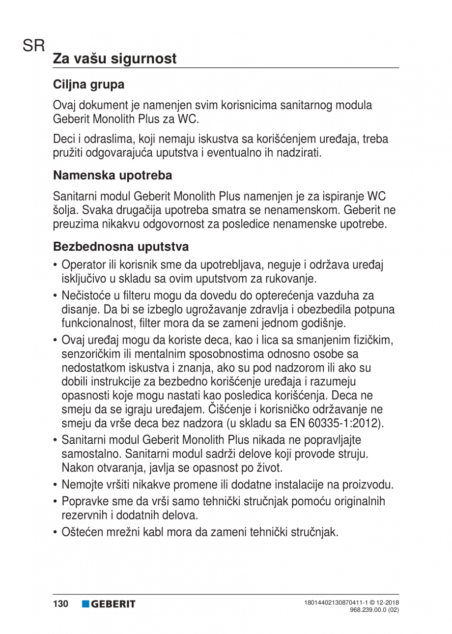 Pagina 130-Manualul utilizatorului pentru modulul sanitar Monolith Plus GEBERIT Instructiuni montaj, utilizare ...