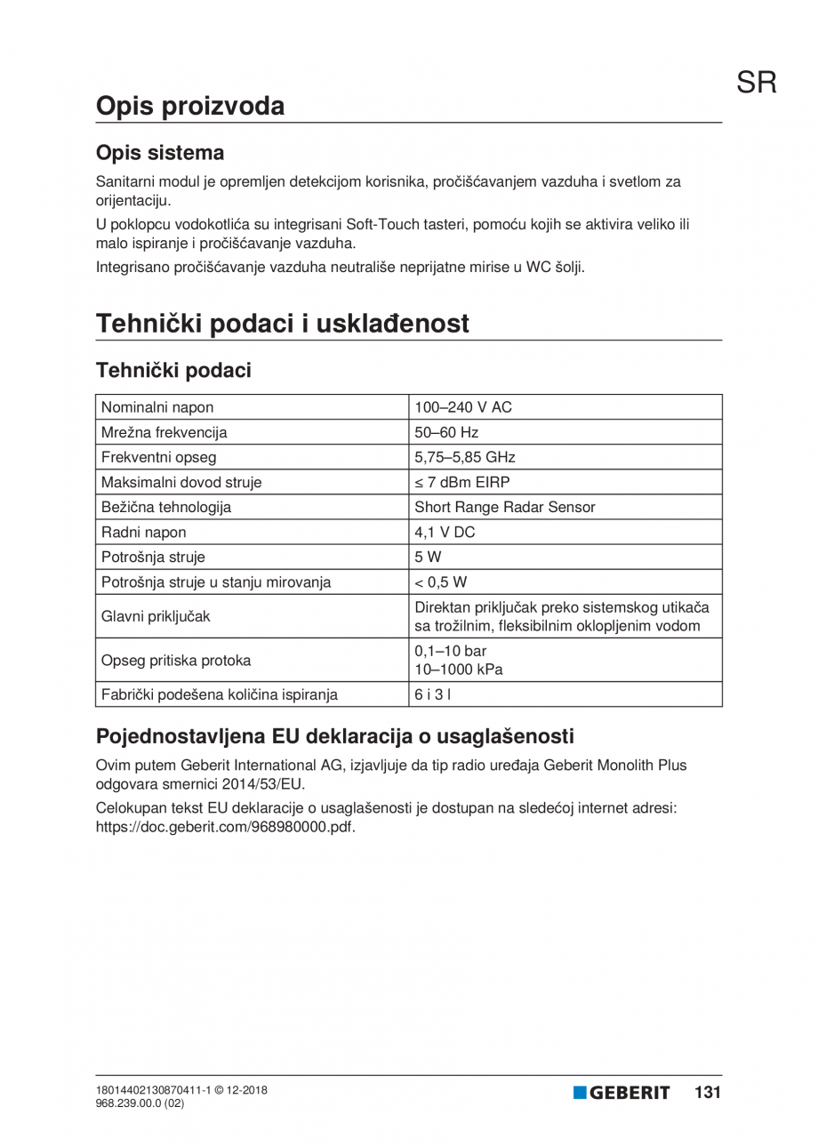 Pagina 131-Manualul utilizatorului pentru modulul sanitar Monolith Plus GEBERIT Instructiuni montaj, utilizare ...
