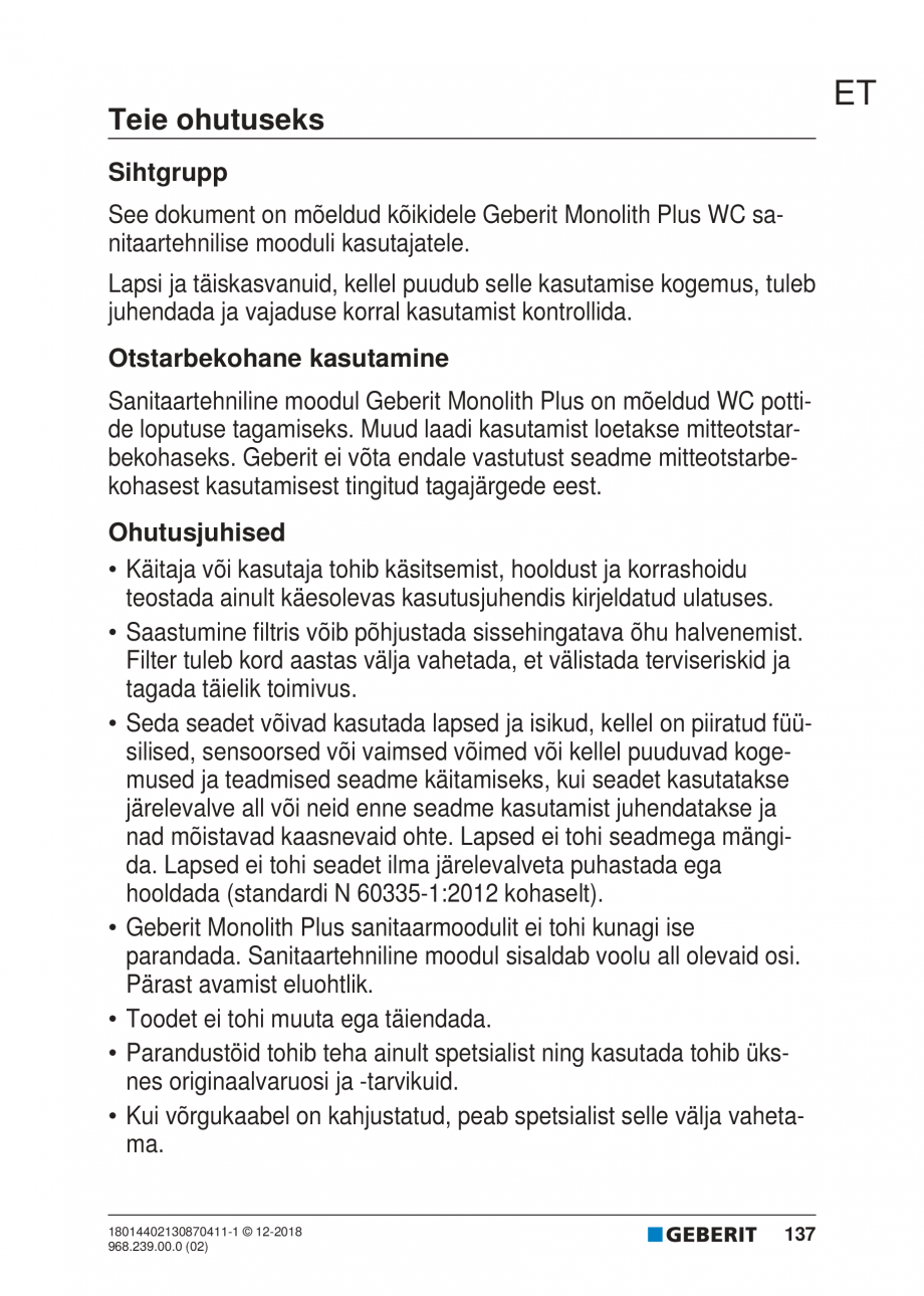 Pagina 137-Manualul utilizatorului pentru modulul sanitar Monolith Plus GEBERIT Instructiuni montaj, utilizare ...