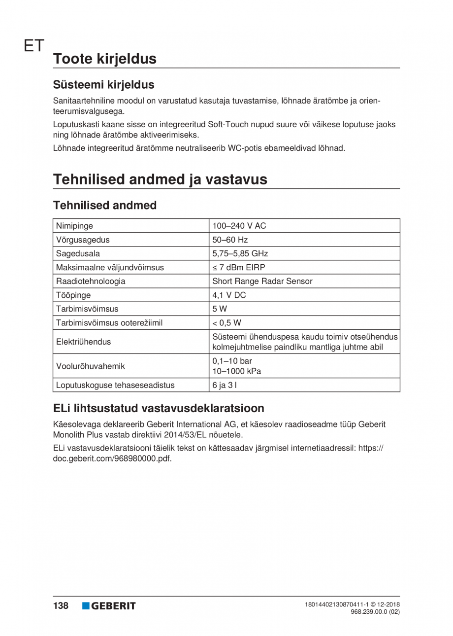 Pagina 138-Manualul utilizatorului pentru modulul sanitar Monolith Plus GEBERIT Instructiuni montaj, utilizare ...