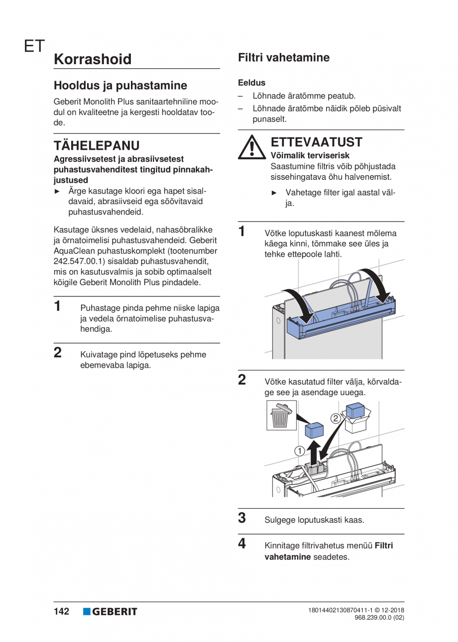 Pagina 142-Manualul utilizatorului pentru modulul sanitar Monolith Plus GEBERIT Instructiuni montaj, utilizare ...
