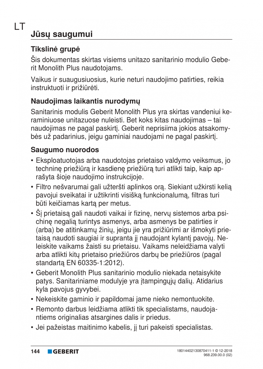 Pagina 144-Manualul utilizatorului pentru modulul sanitar Monolith Plus GEBERIT Instructiuni montaj, utilizare ...