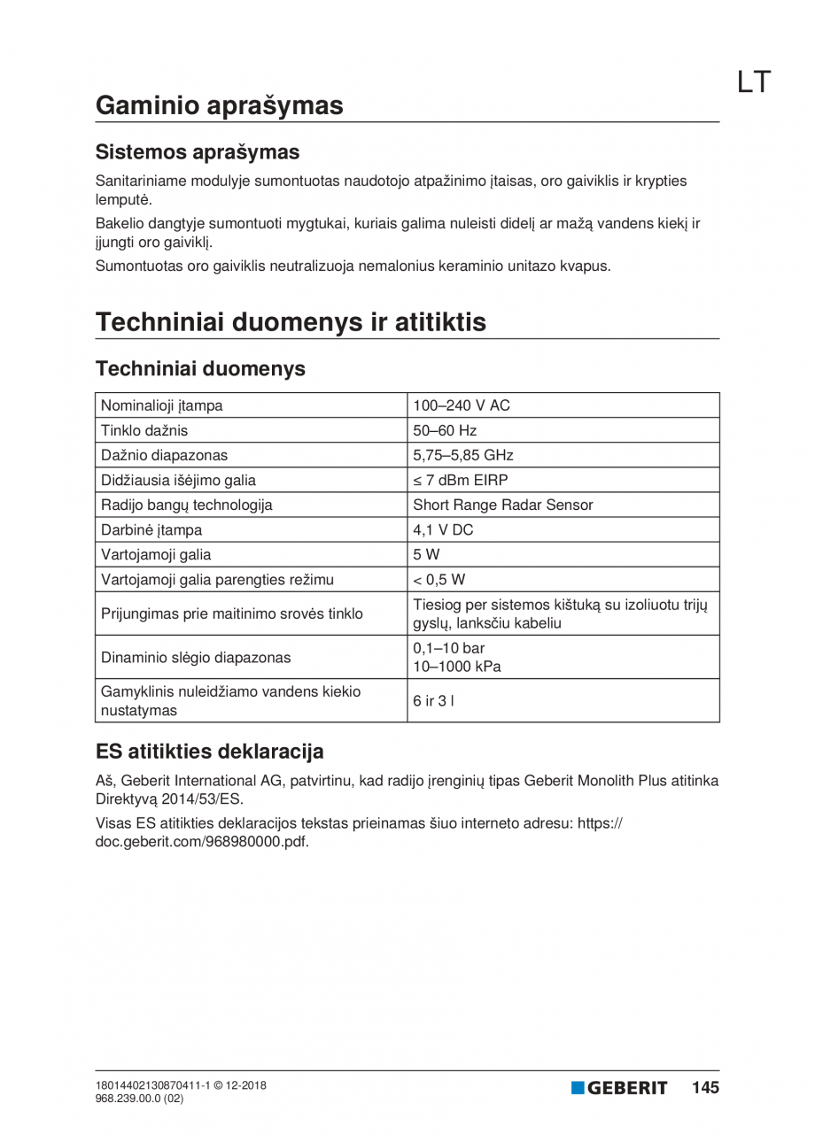 Pagina 145-Manualul utilizatorului pentru modulul sanitar Monolith Plus GEBERIT Instructiuni montaj, utilizare ...