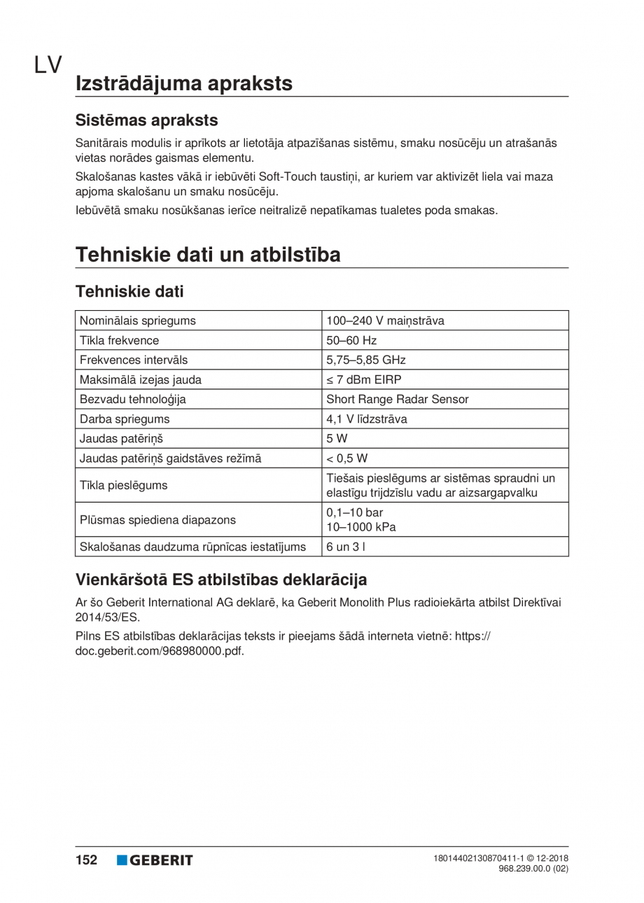 Pagina 152 - Manualul utilizatorului pentru modulul sanitar Monolith Plus GEBERIT Instructiuni...