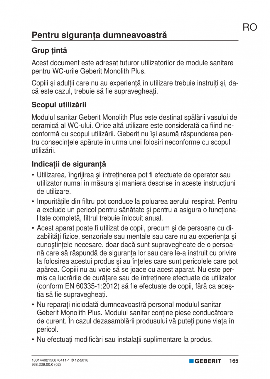 Pagina 165-Manualul utilizatorului pentru modulul sanitar Monolith Plus GEBERIT Instructiuni montaj, utilizare ...
