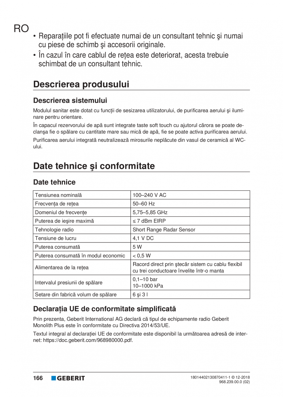 Pagina 166-Manualul utilizatorului pentru modulul sanitar Monolith Plus GEBERIT Instructiuni montaj, utilizare ...