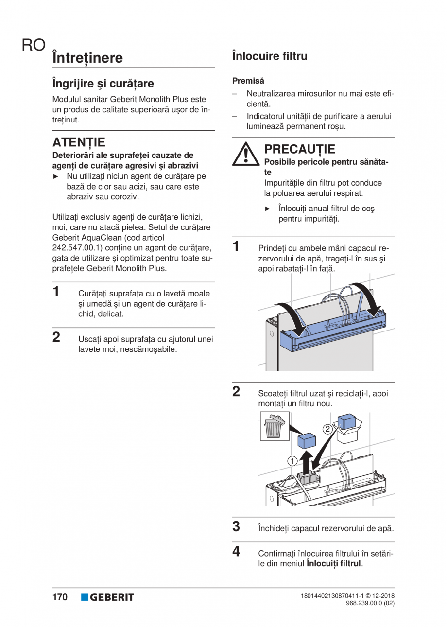 Pagina 170-Manualul utilizatorului pentru modulul sanitar Monolith Plus GEBERIT Instructiuni montaj, utilizare ...
