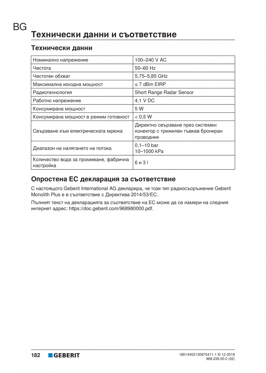 Pagina 182-Manualul utilizatorului pentru modulul sanitar Monolith Plus GEBERIT Instructiuni montaj, utilizare ...
