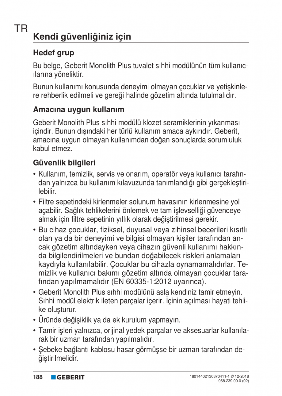 Pagina 188-Manualul utilizatorului pentru modulul sanitar Monolith Plus GEBERIT Instructiuni montaj, utilizare ...