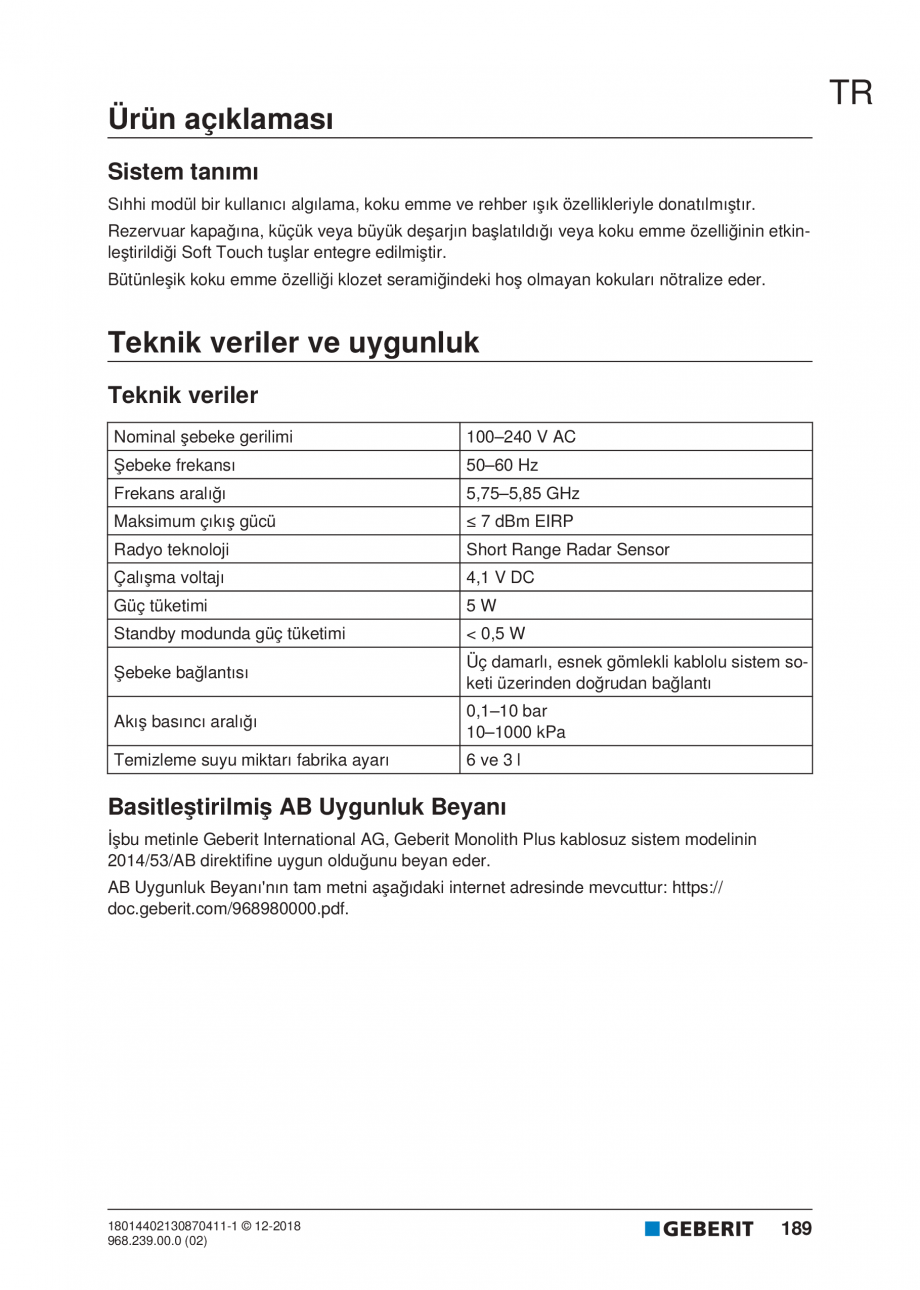 Pagina 189-Manualul utilizatorului pentru modulul sanitar Monolith Plus GEBERIT Instructiuni montaj, utilizare ...