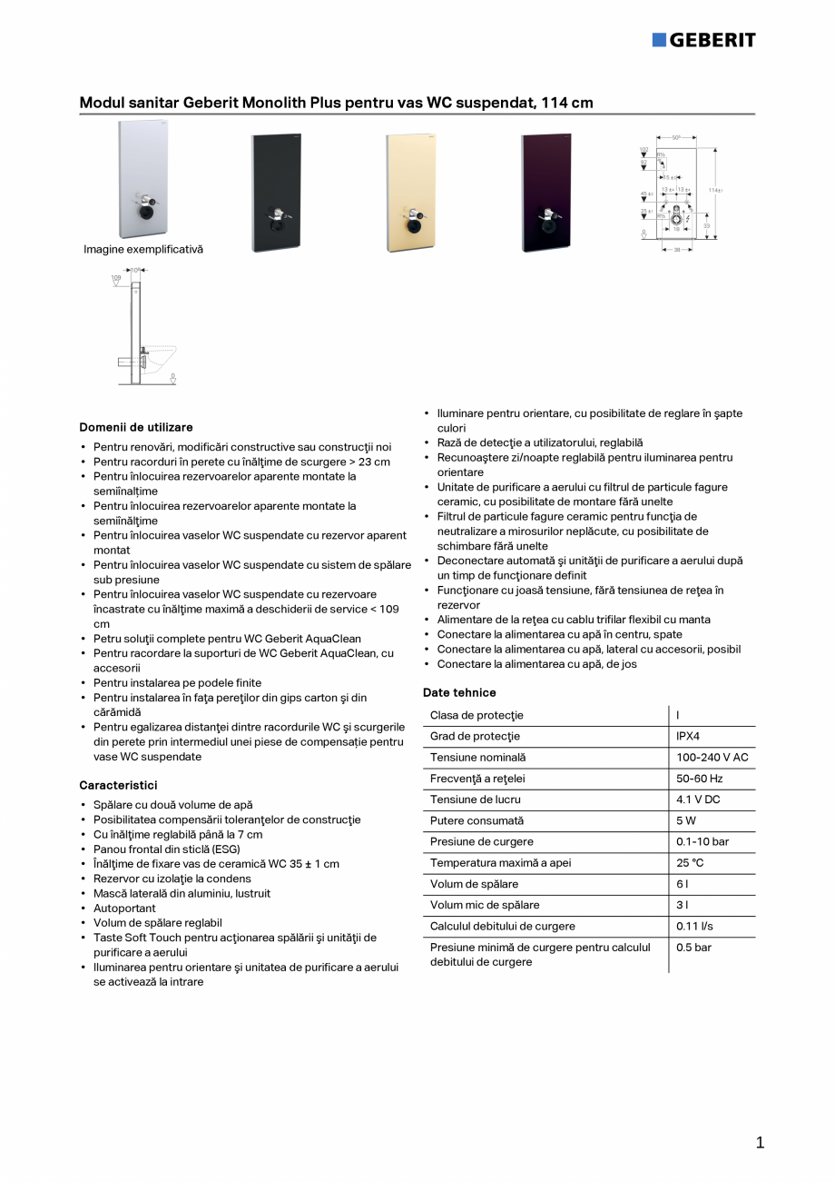 Pagina 1-Modul sanitar Geberit Monolith Plus pentru vas WC suspendat, 114 cm GEBERIT Fisa tehnica Romana...