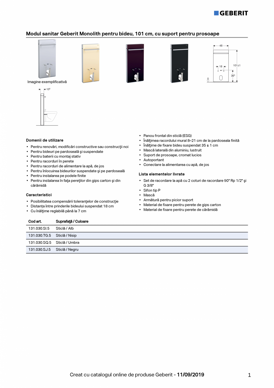 Pagina 1-Modul sanitar Geberit Monolith pentru bideu, 101 cm GEBERIT Fisa tehnica Romana Modul sanitar...