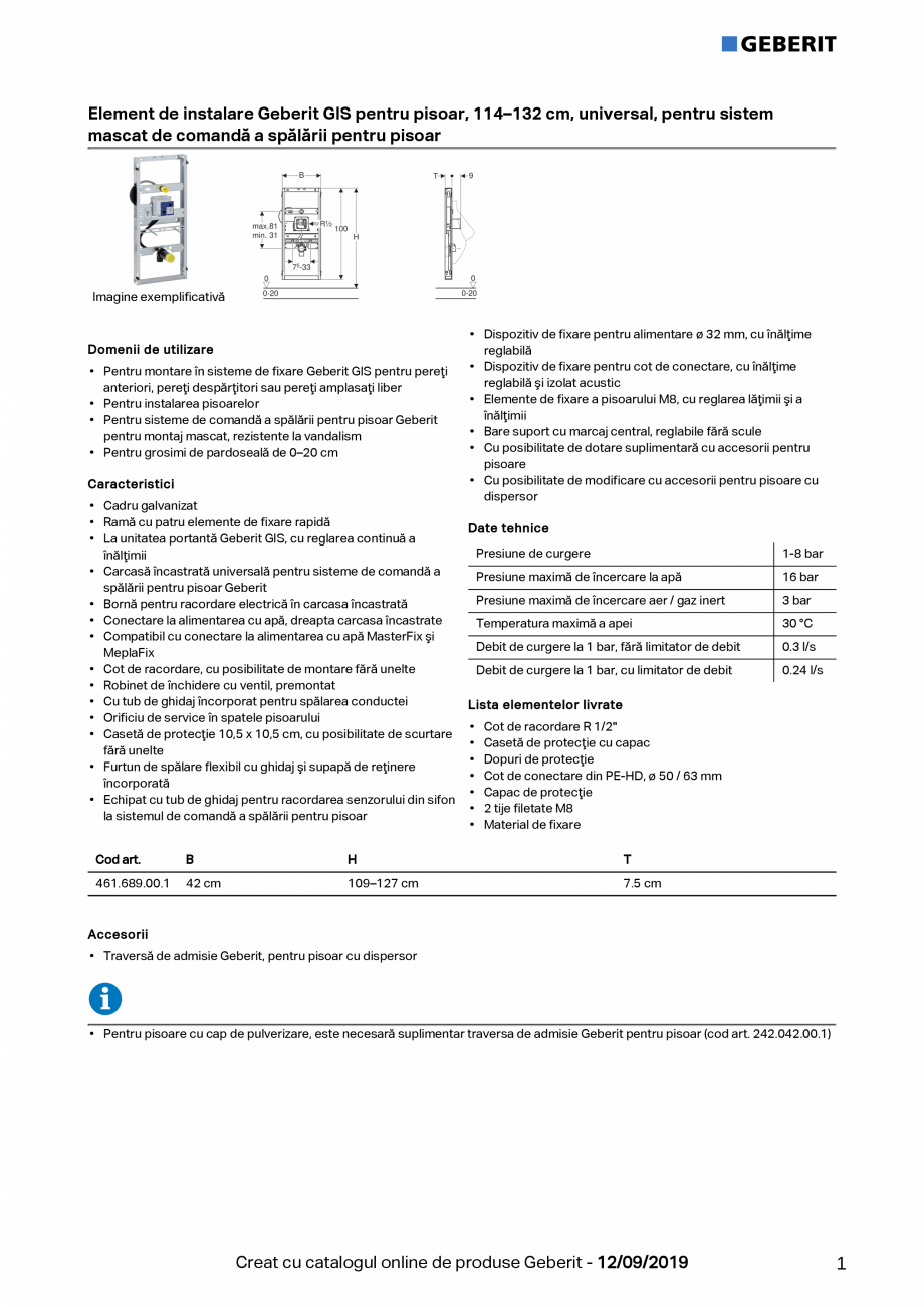 Pagina 1-Element de instalare Geberit GIS pentru pisoar, 114–132 cm, universal, pentru sistem mascat de...