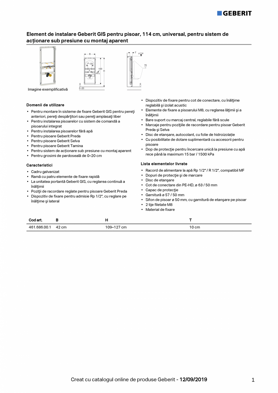 Pagina 1-Element de instalare Geberit GIS pentru pisoar, 114 cm, universal, pentru sistem de actionare sub...