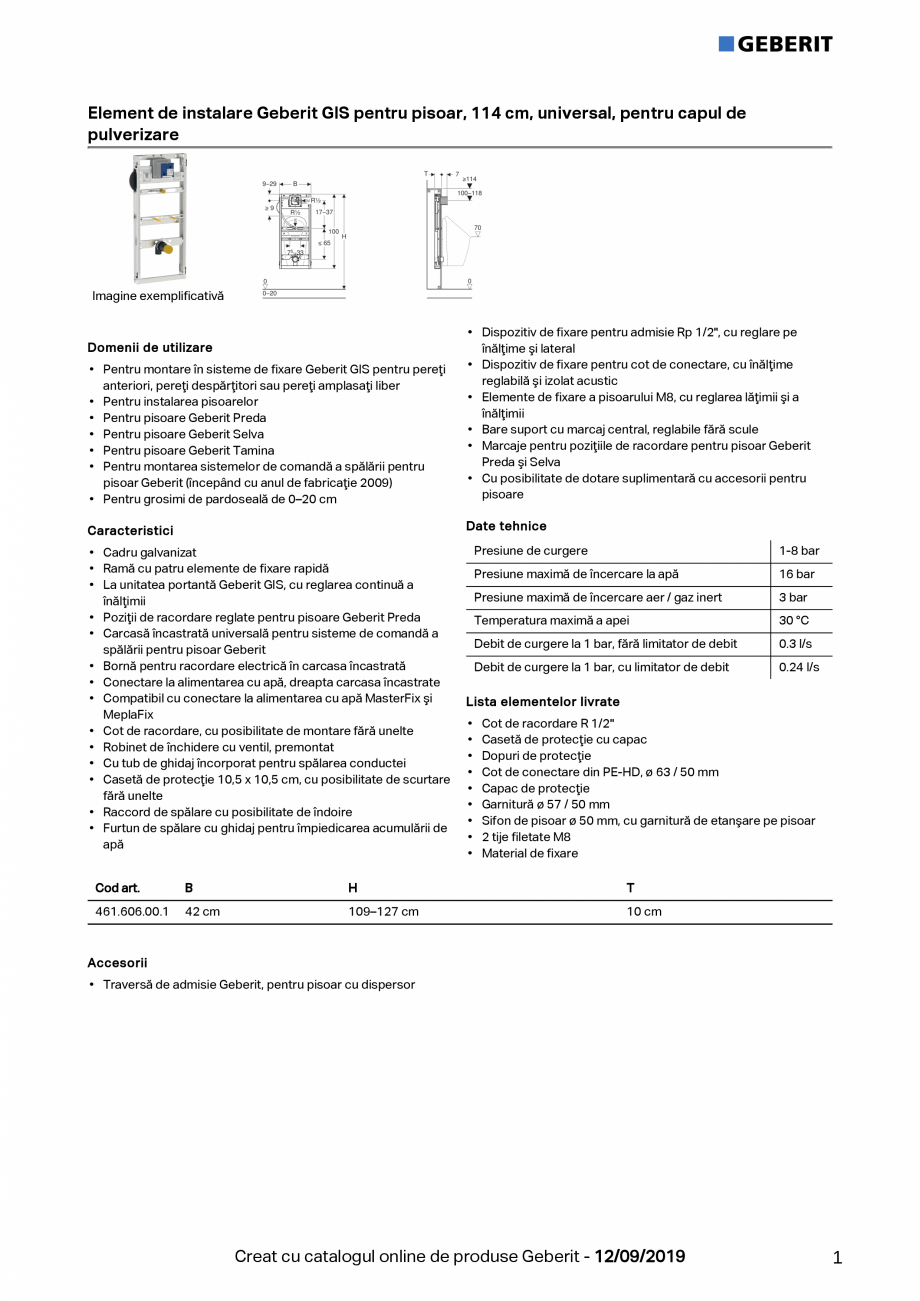 Pagina 1-Element de instalare Geberit GIS pentru pisoar, 114 cm, universal, pentru capul de pulverizare...
