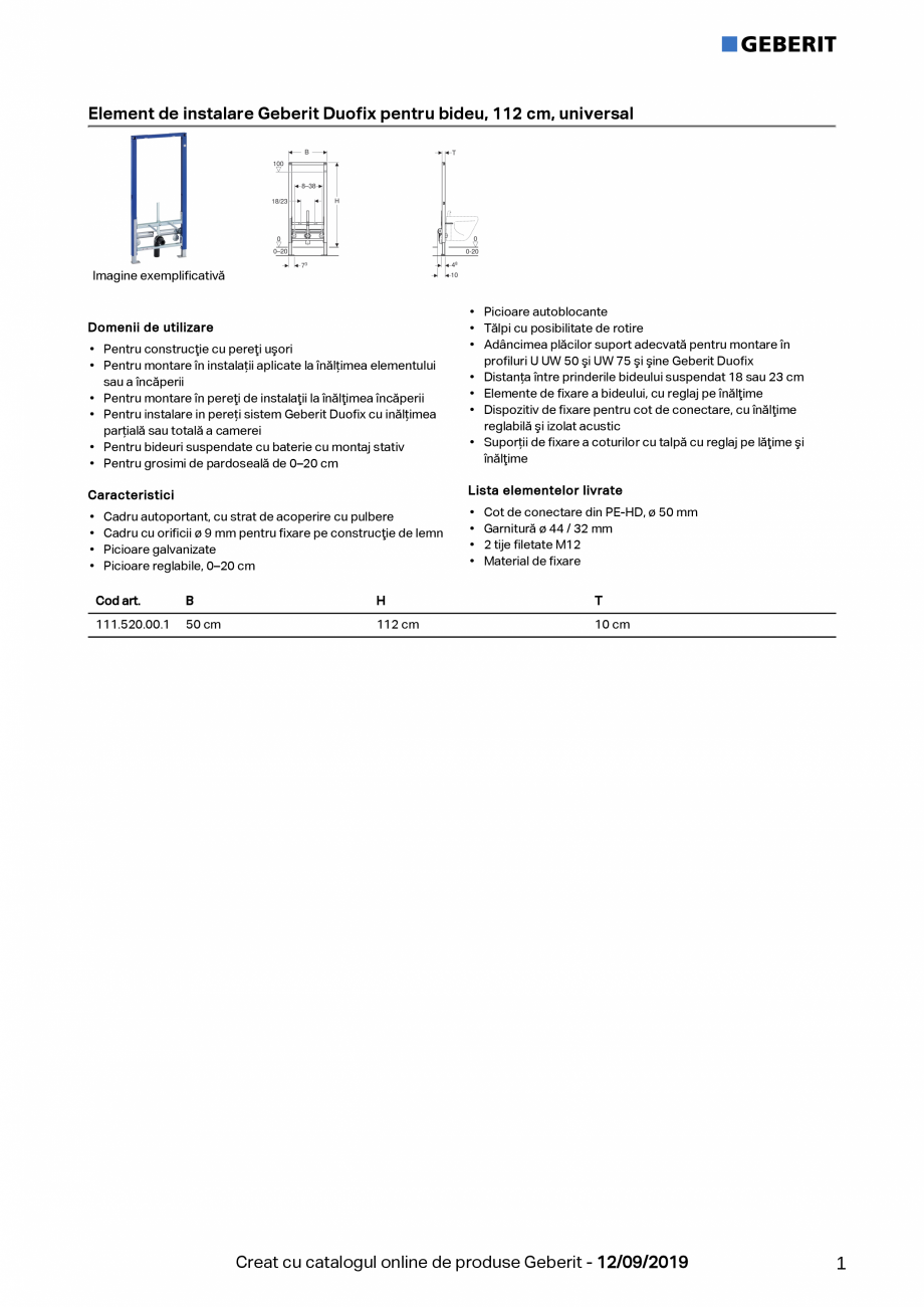 Pagina 1-Element de instalare Geberit Duofix pentru bideu, 112 cm, universal GEBERIT Fisa tehnica Romana...