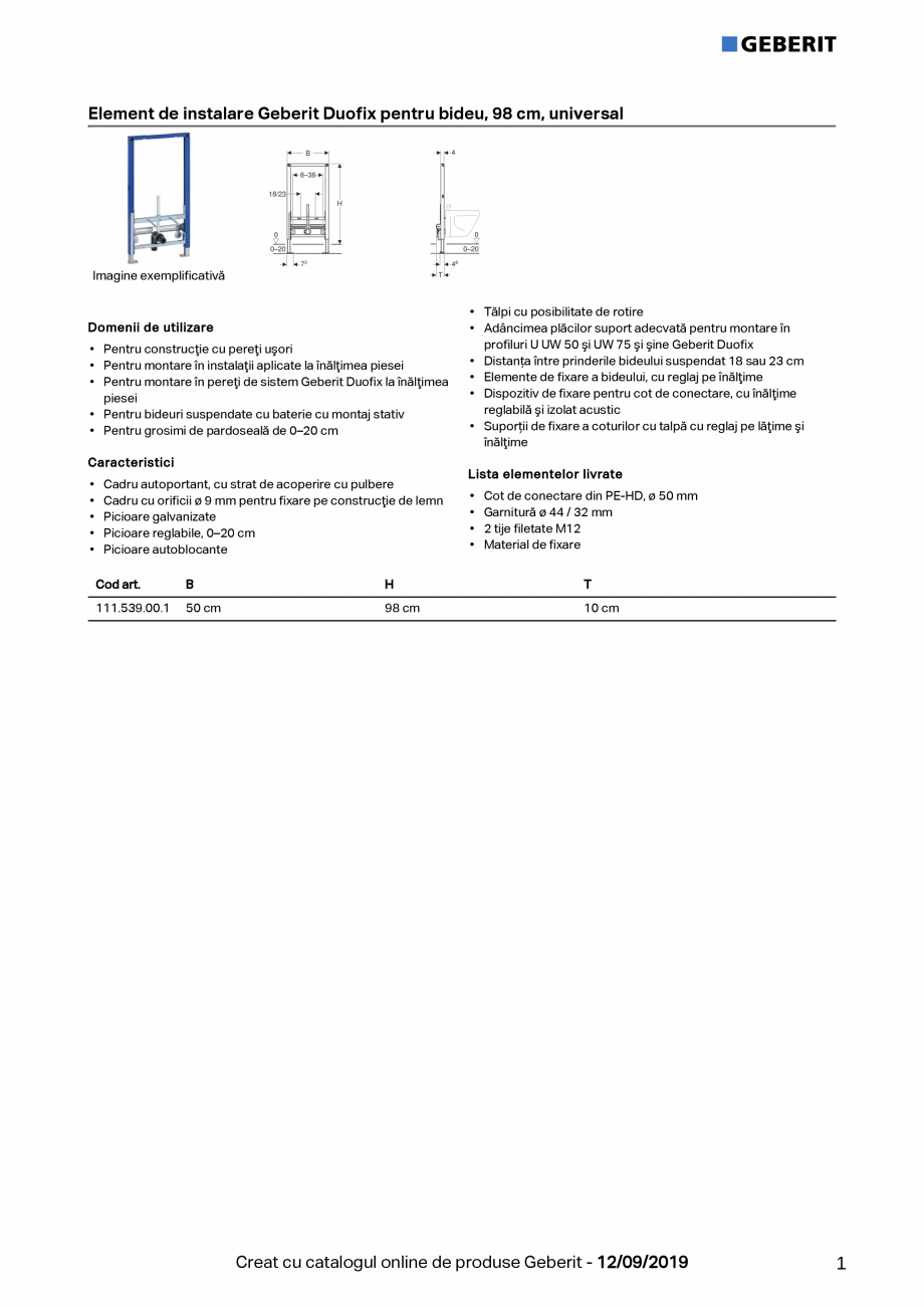 Pagina 1-Element de instalare Geberit Duofix pentru bideu, 98 cm, universal GEBERIT Fisa tehnica Romana...