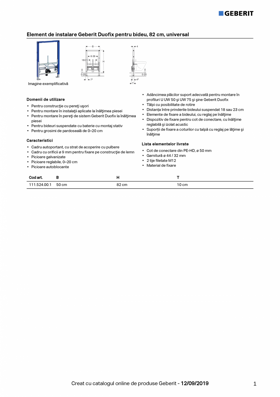 Pagina 1-Element de instalare Geberit Duofix pentru bideu, 82 cm, universal GEBERIT Fisa tehnica Romana...