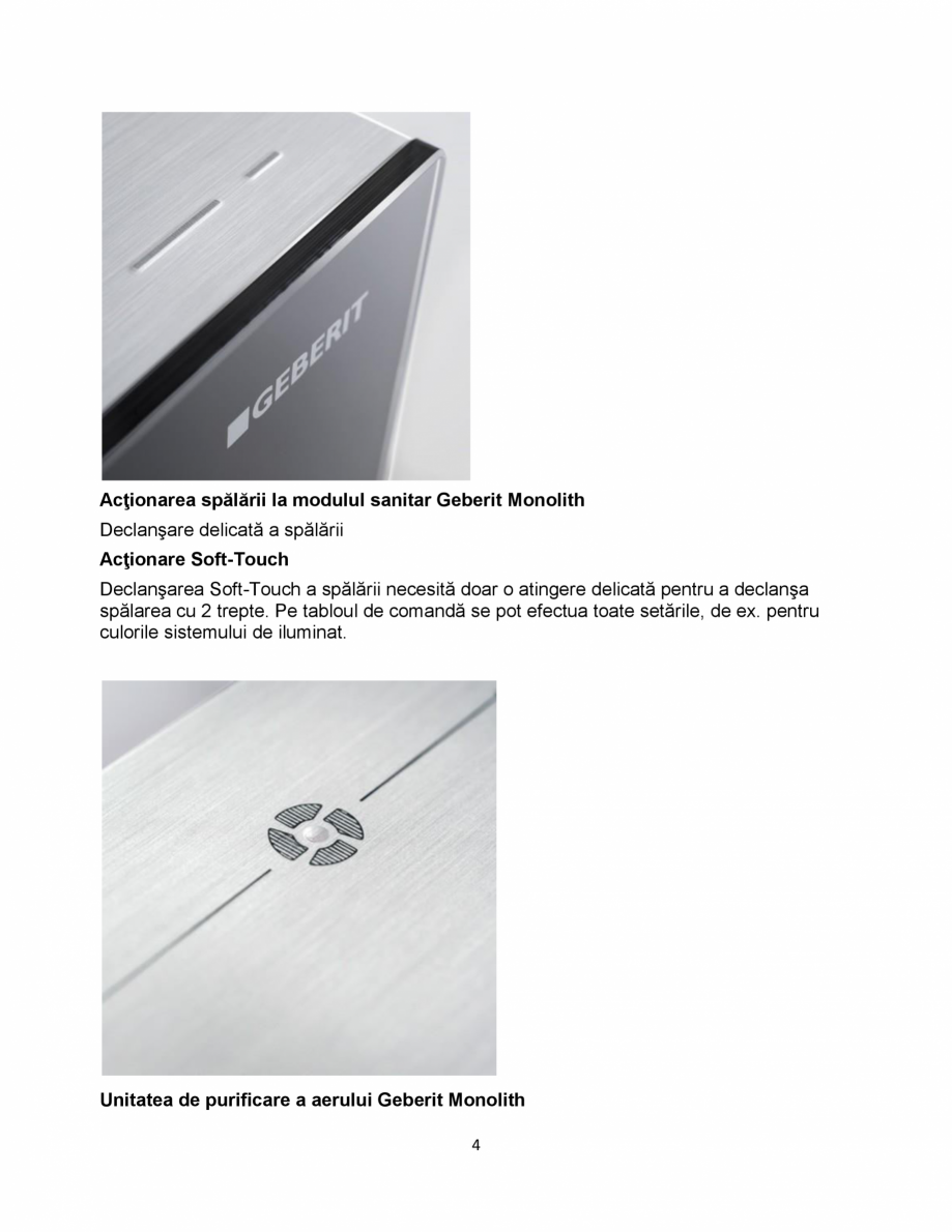 Pagina 4-Frumusete si functionalitate - prezentarea modulului sanitar Geberit GEBERIT Monolith Catalog,...