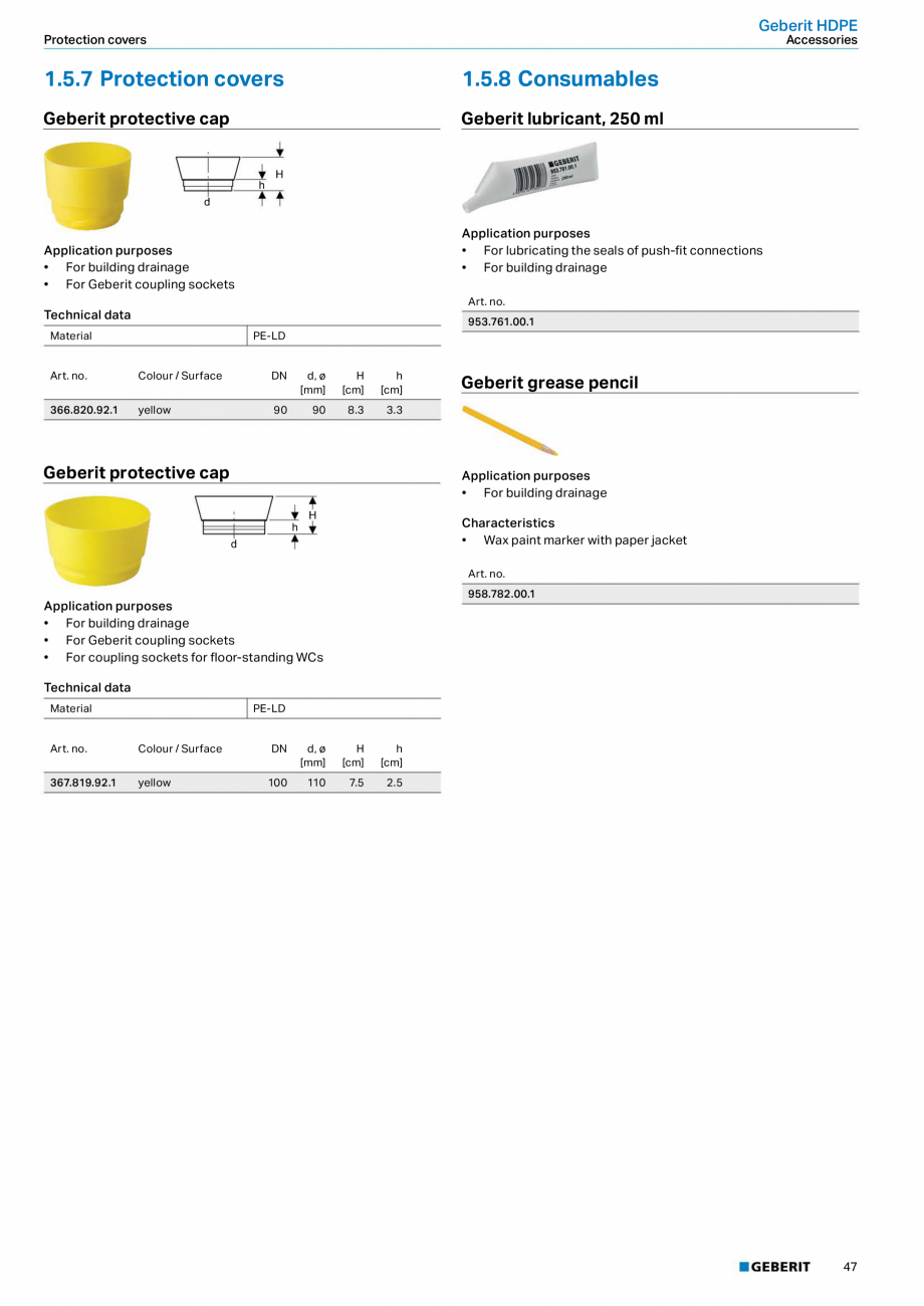 Pagina 43-Sistem de drenaj Geberit HDPE GEBERIT Fisa tehnica Engleza 
d
35
105

63
d1

Application purposes...