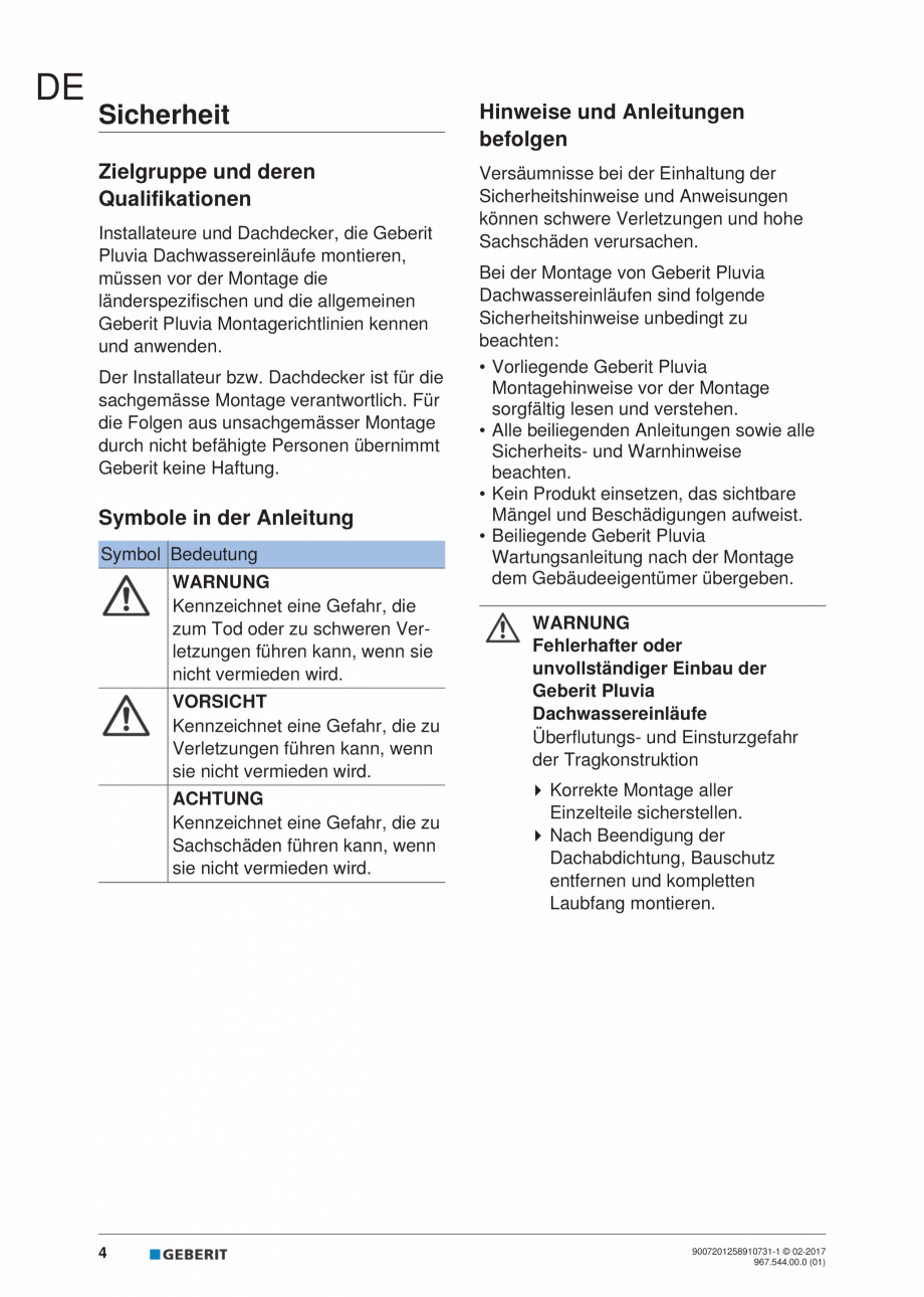 Pagina 4 - Instructiuni de instalare - receptor de terasa  GEBERIT Geberit Pluvia Instructiuni...
