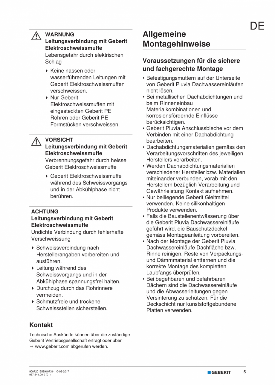 Pagina 5 - Instructiuni de instalare - receptor de terasa  GEBERIT Geberit Pluvia Instructiuni...