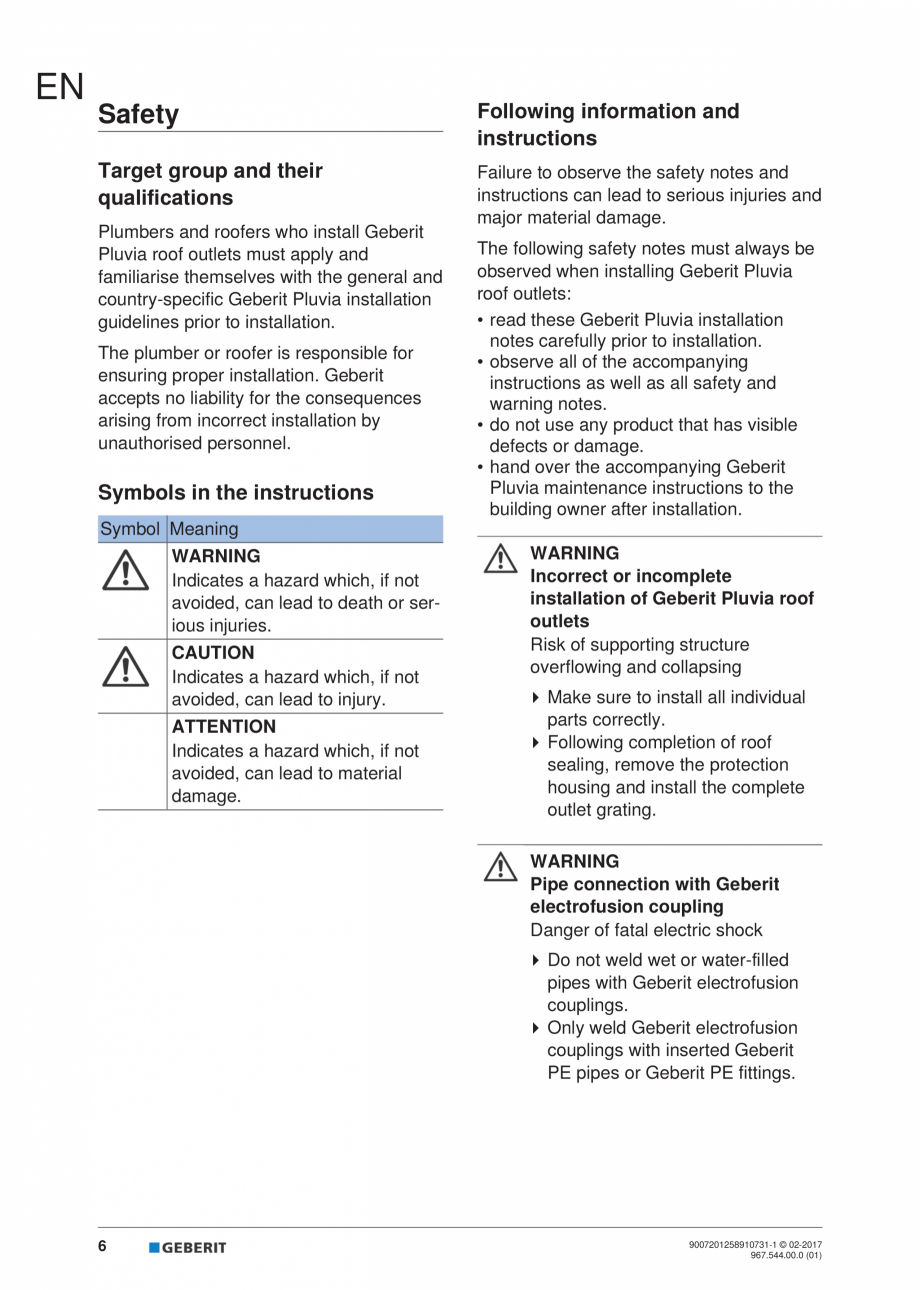 Pagina 6-Instructiuni de instalare - receptor de terasa  GEBERIT Geberit Pluvia Instructiuni montaj,...