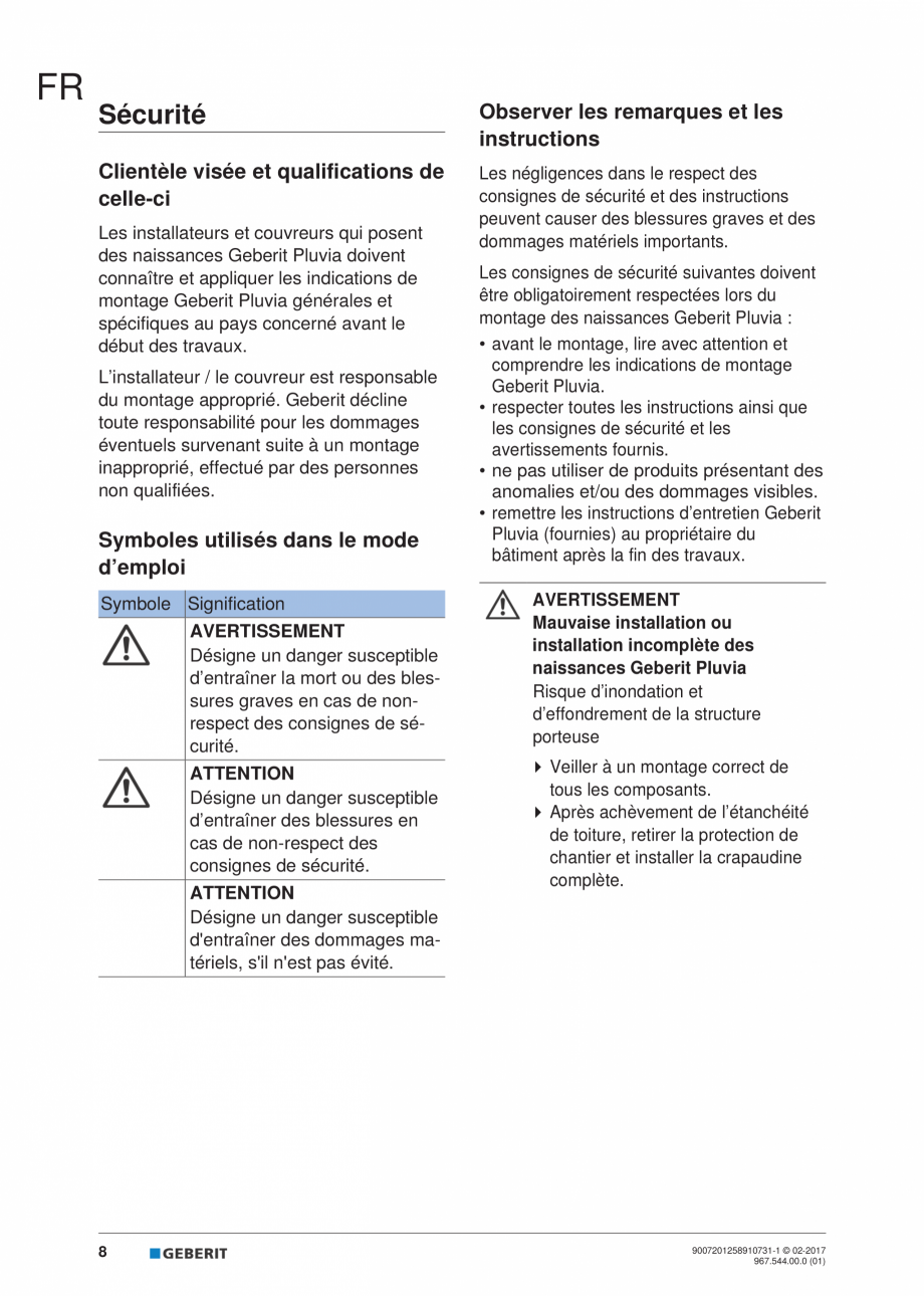 Pagina 8-Instructiuni de instalare - receptor de terasa  GEBERIT Geberit Pluvia Instructiuni montaj,...
