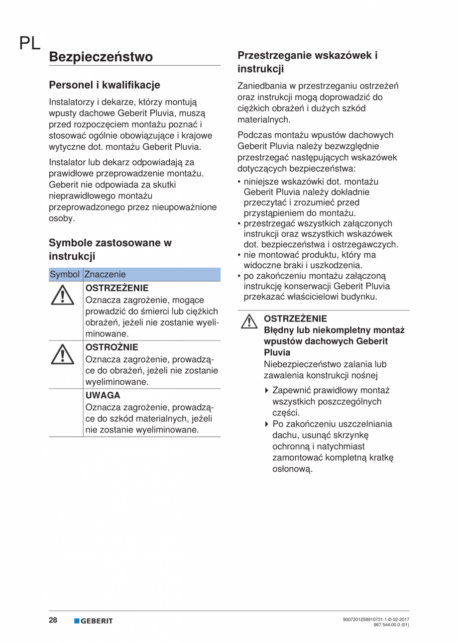 Pagina 28 - Instructiuni de instalare - receptor de terasa  GEBERIT Geberit Pluvia Instructiuni...