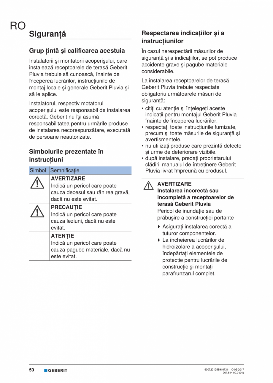 Pagina 50-Instructiuni de instalare - receptor de terasa  GEBERIT Geberit Pluvia Instructiuni montaj,...