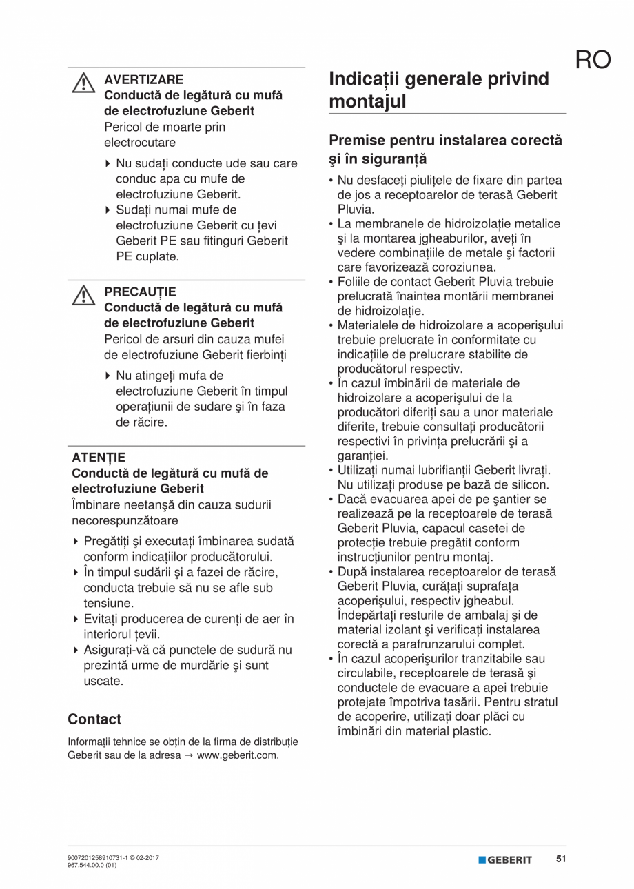 Pagina 51-Instructiuni de instalare - receptor de terasa  GEBERIT Geberit Pluvia Instructiuni montaj,...