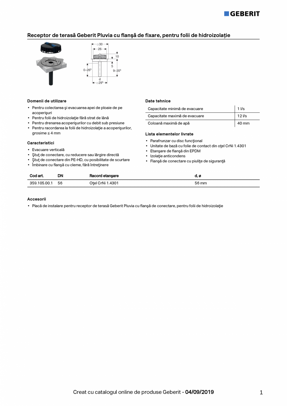 Pagina 1-Receptor de terasa Geberit Pluvia cu flansa de fixare, pentru folii de hidroizolatie GEBERIT Fisa...