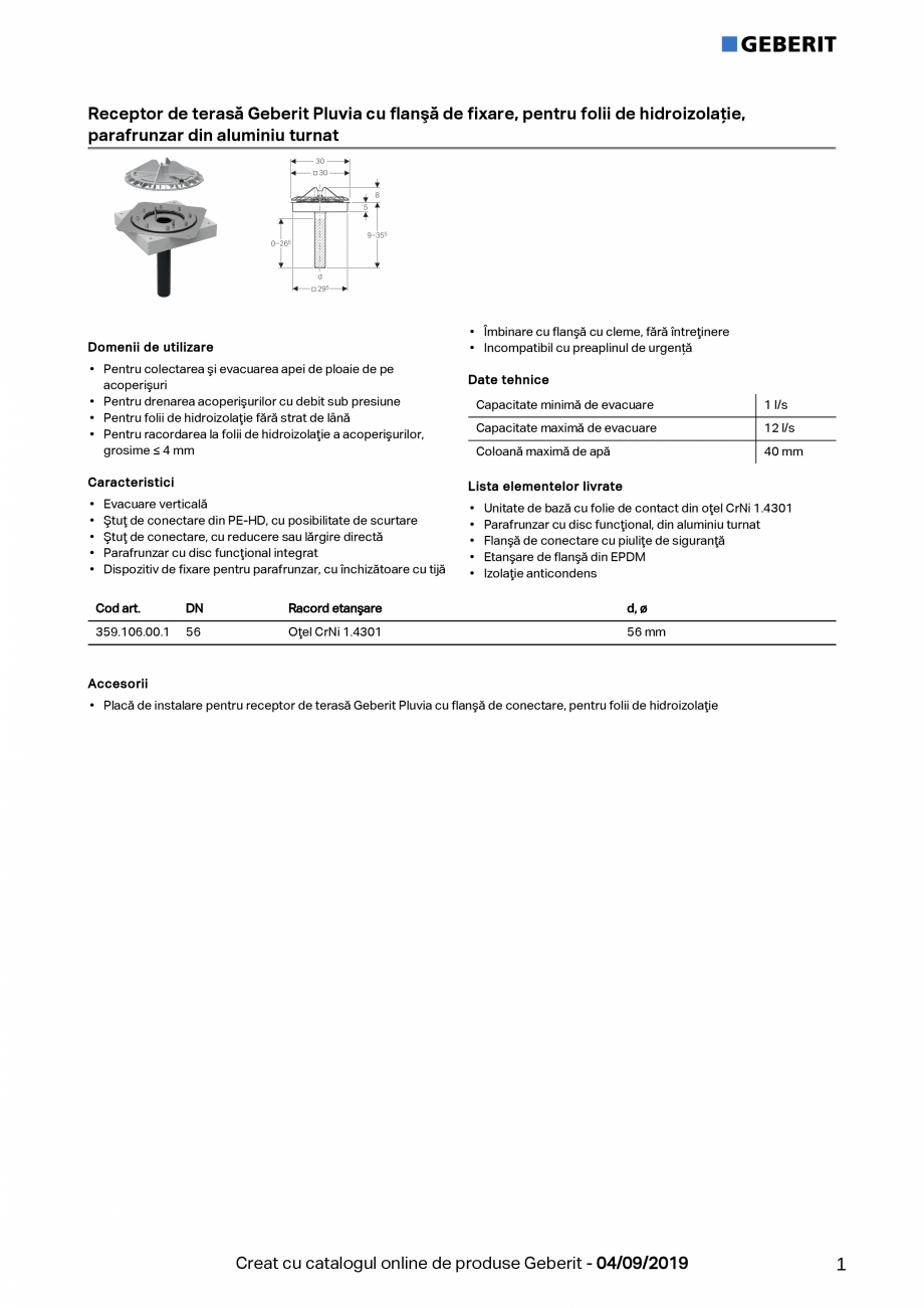 Pagina 1 - Receptor de terasă Geberit Pluvia cu flanşă de fixare, pentru folii de hidroizolatie...