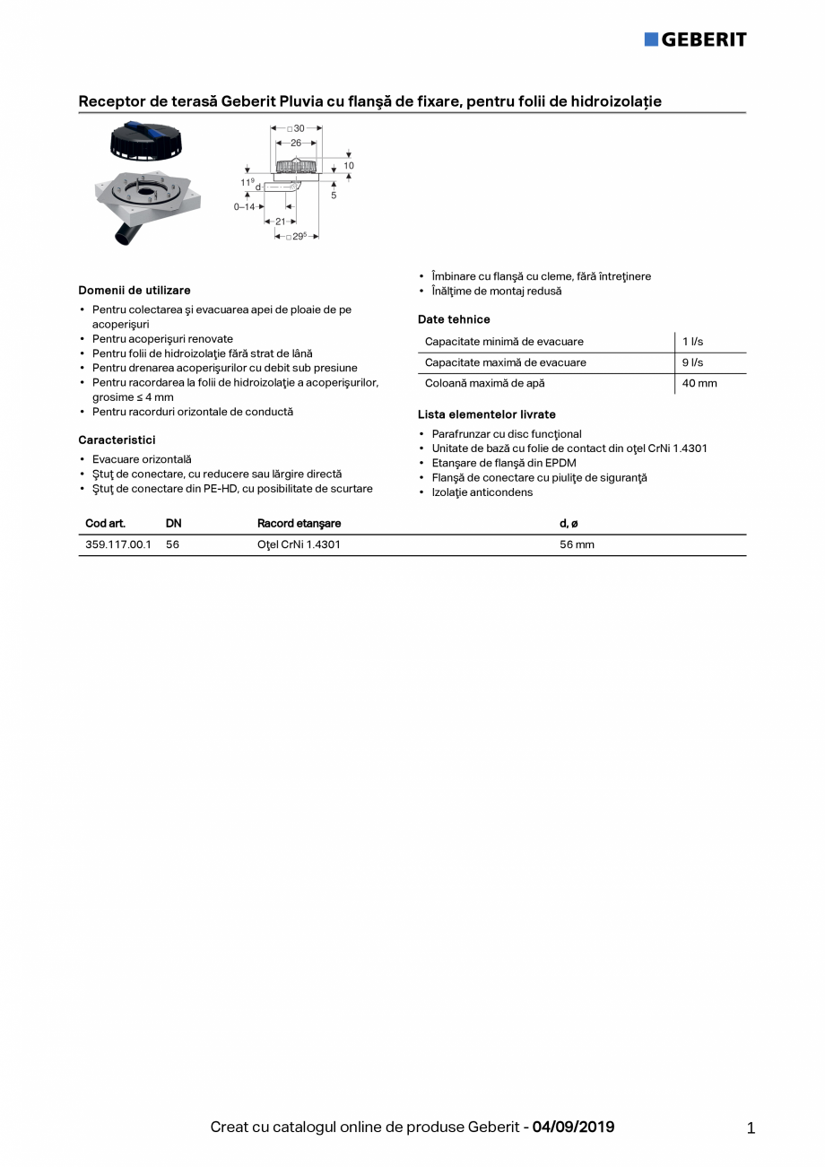 Pagina 1 - Receptor de terasa Geberit Pluvia cu flansa de fixare, pentru folii de hidroizolatie -...