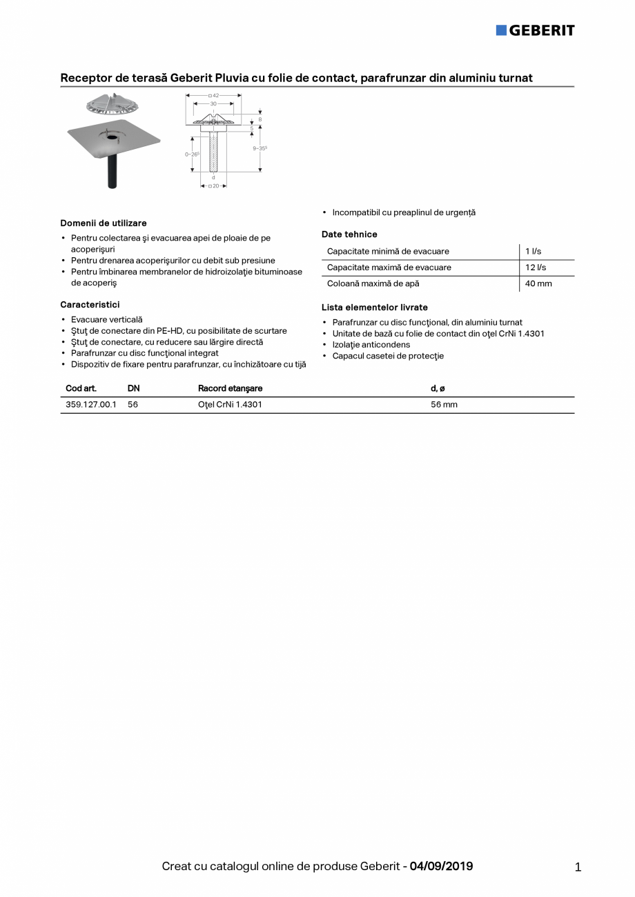 Pagina 1-Receptor de terasa Geberit Pluvia cu folie de contact, parafrunzar din aluminiu turnat - capacit de ...