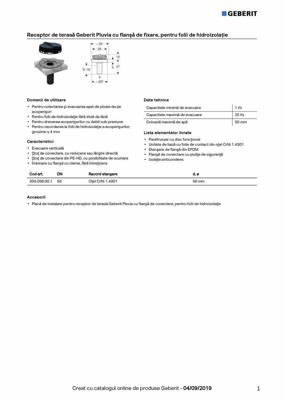 Pagina 1-Receptor de terasa Geberit Pluvia cu flansa de fixare, pentru folii de hidroizolatie - capacit max...