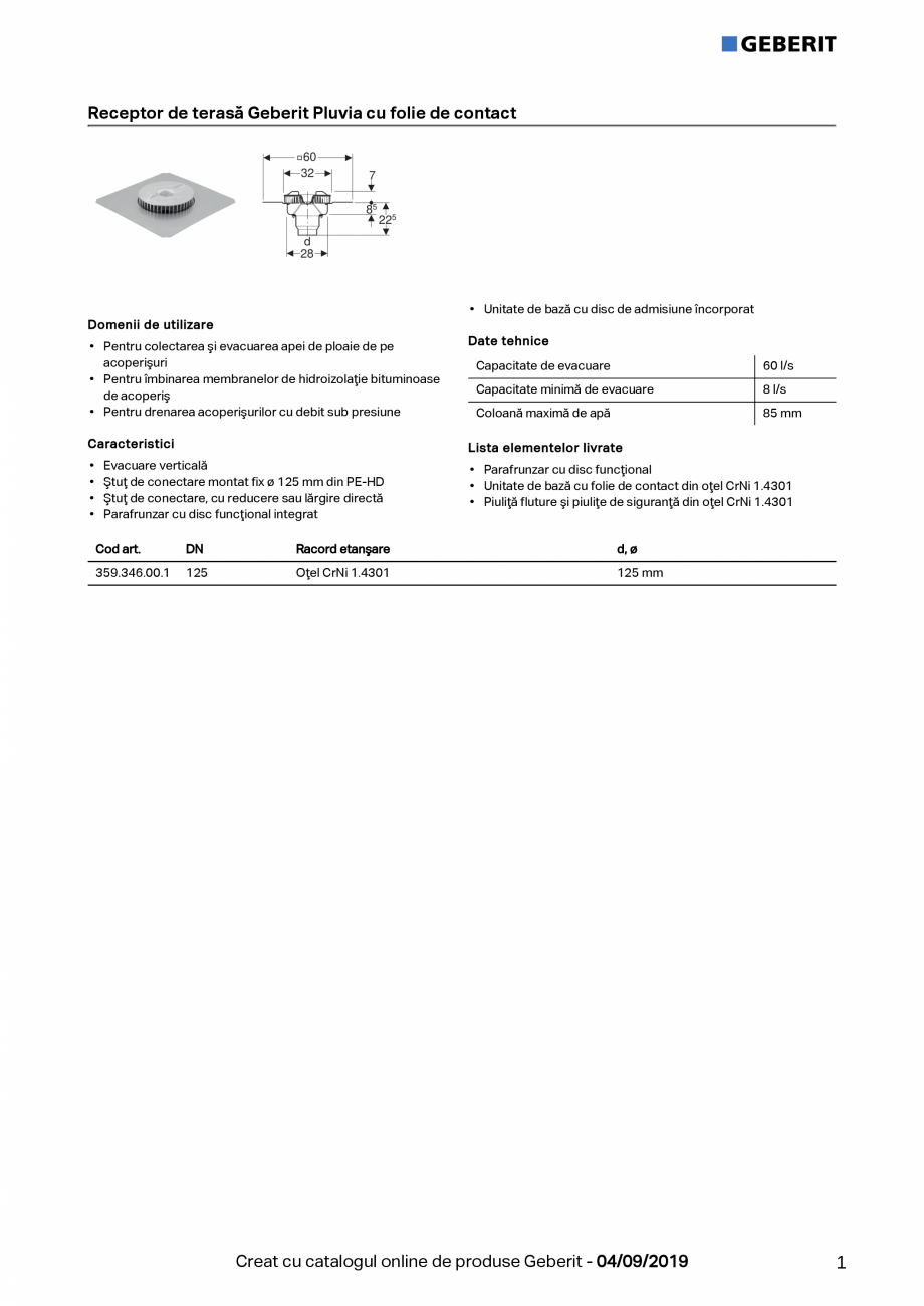 Pagina 1-Receptor de terasa Geberit Pluvia cu folie de contact - capacit de evacuare 60l GEBERIT Fisa tehnica...