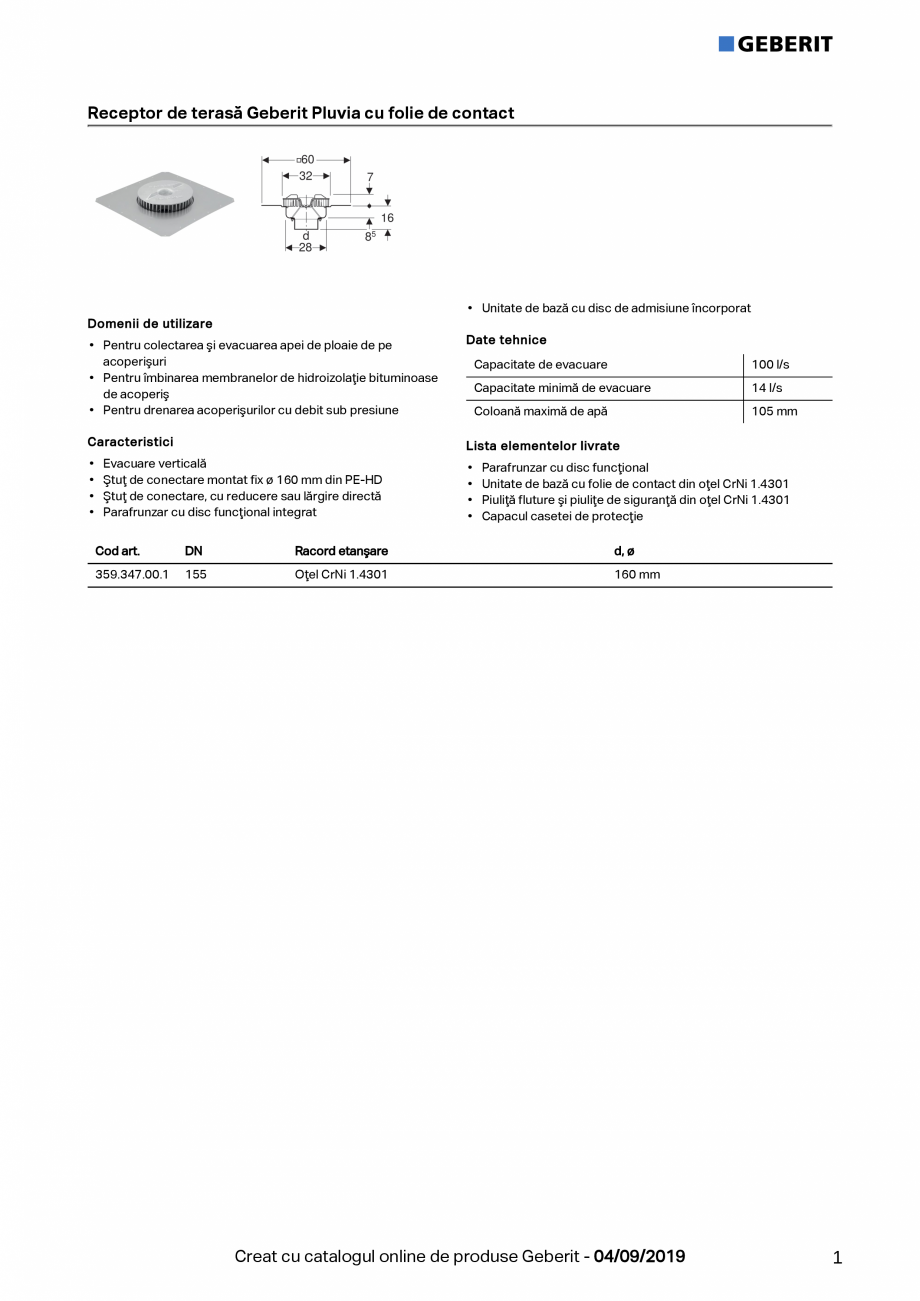Pagina 1 - Receptor de terasa Geberit Pluvia cu folie de contact - capacitatea de evacuare -100l...